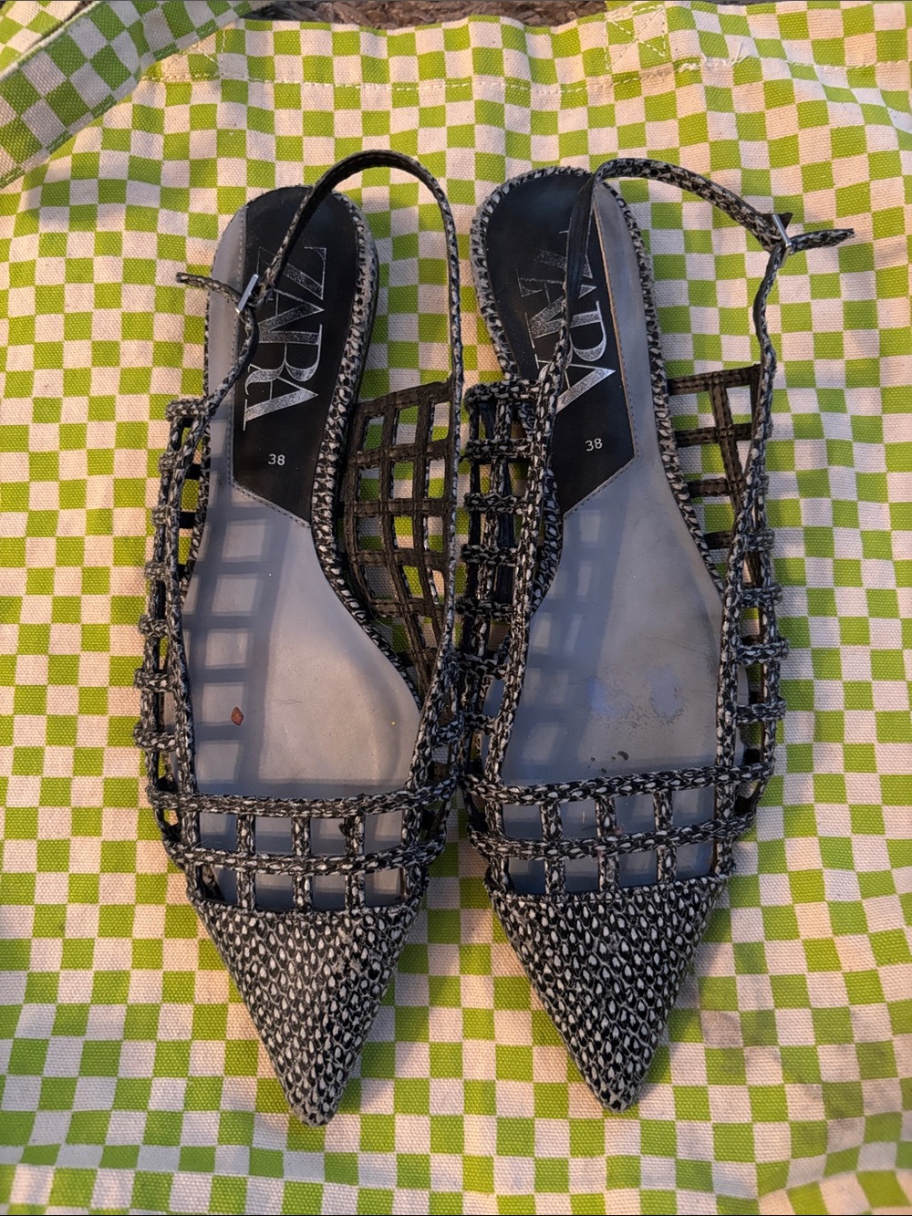 Zara Black & White Woven Pointed Slingback Flats